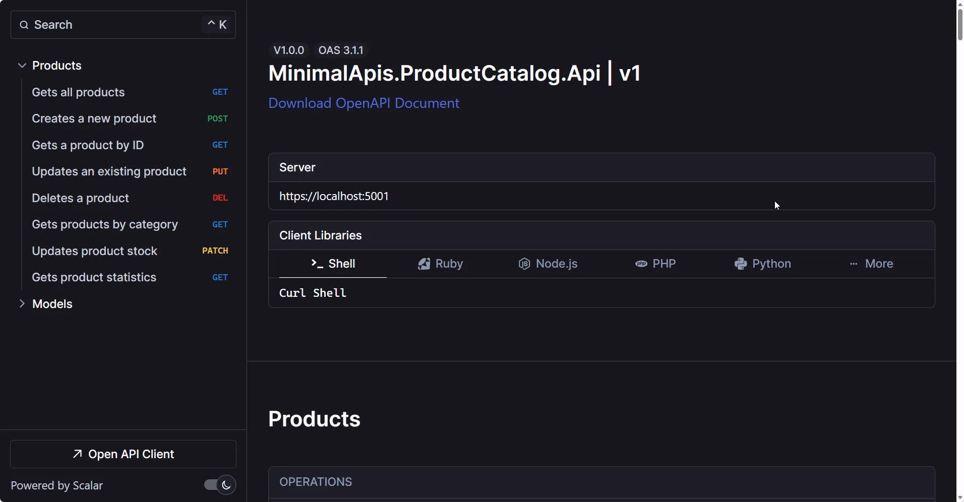 Scalar API Reference showing Product endpoints