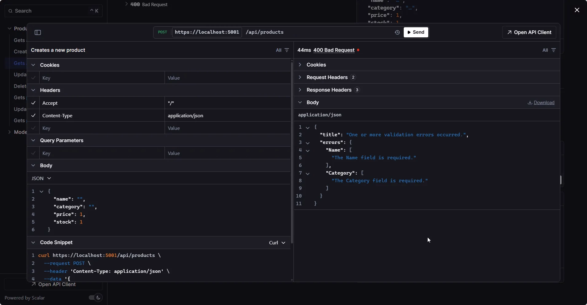 Validation error response in Scalar
